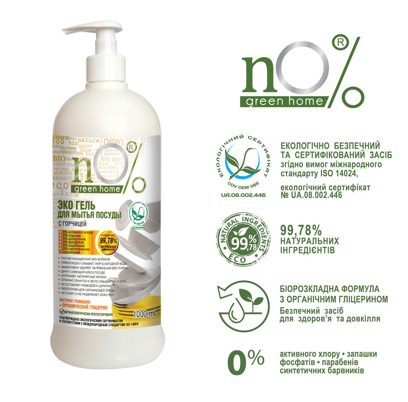 Засіб для ручного миття посуду NO% GREEN HOME ЕКО 1л